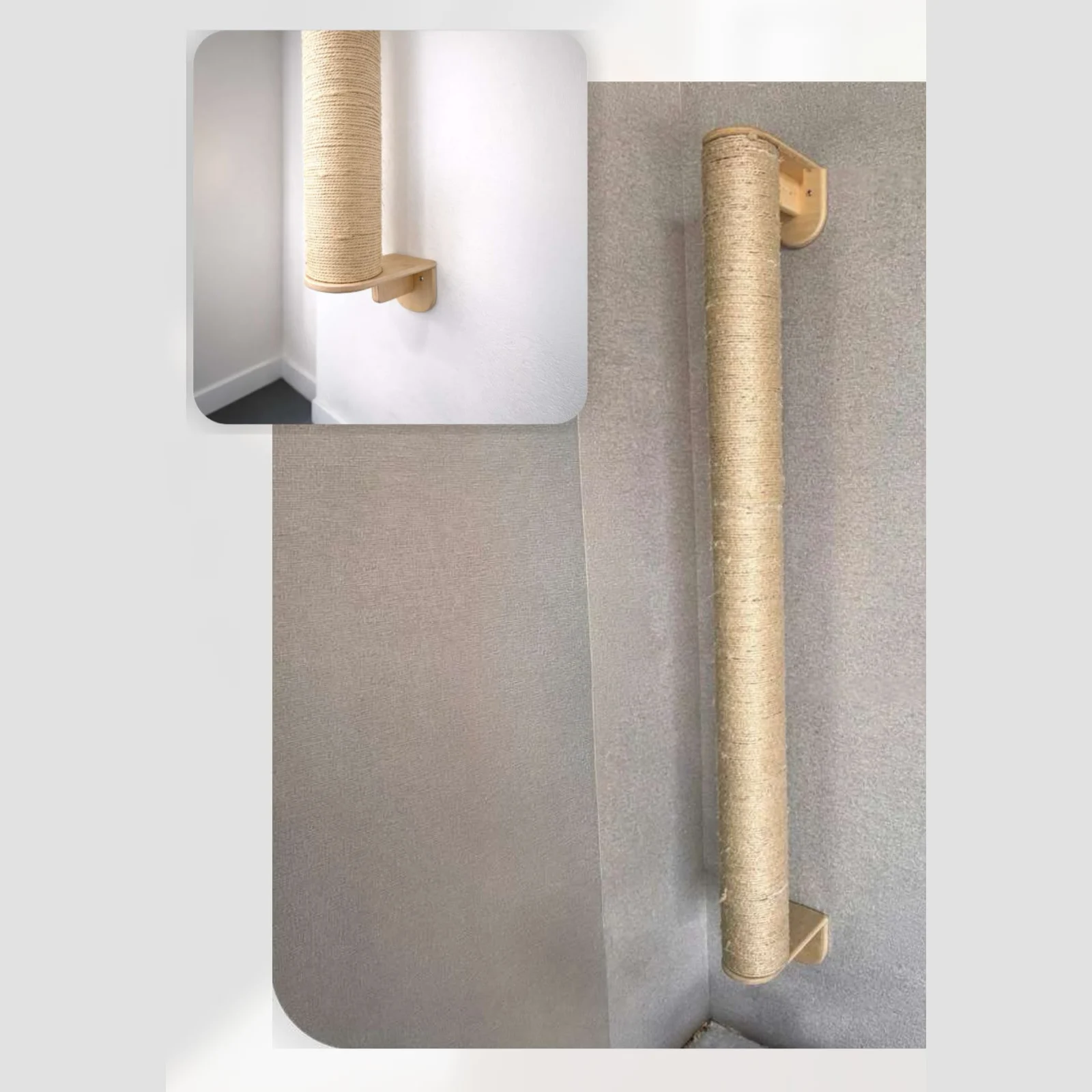 Rascador de tubo vertical para gatos instalado en la pared con dos soportes
